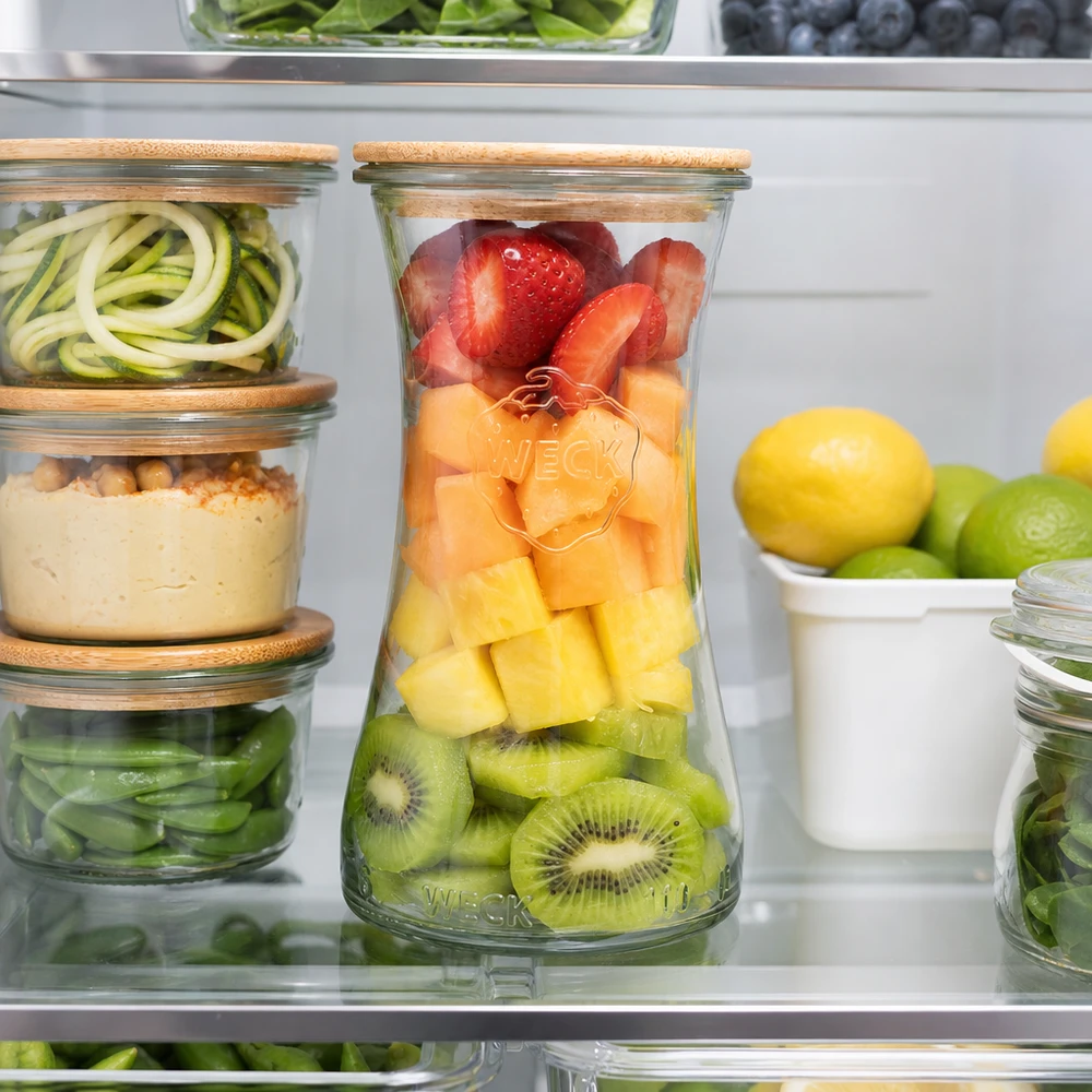 WECK pot 100ml RR40 met bamboe deksel in de koelkast voor het bewaren van gesneden fruit en groenten voor maaltijdbereiding