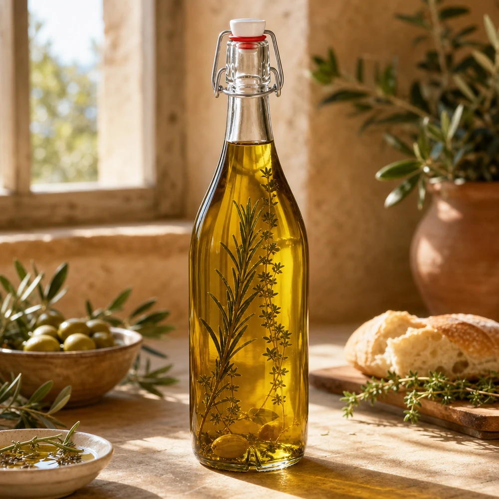 1000ml glazen fles + draaidop PVC UNiTWIST 1000ml glazen fles met draaidop gevuld met olijfolie en kruiden Mediterrane keuken Lifestyle toepassing