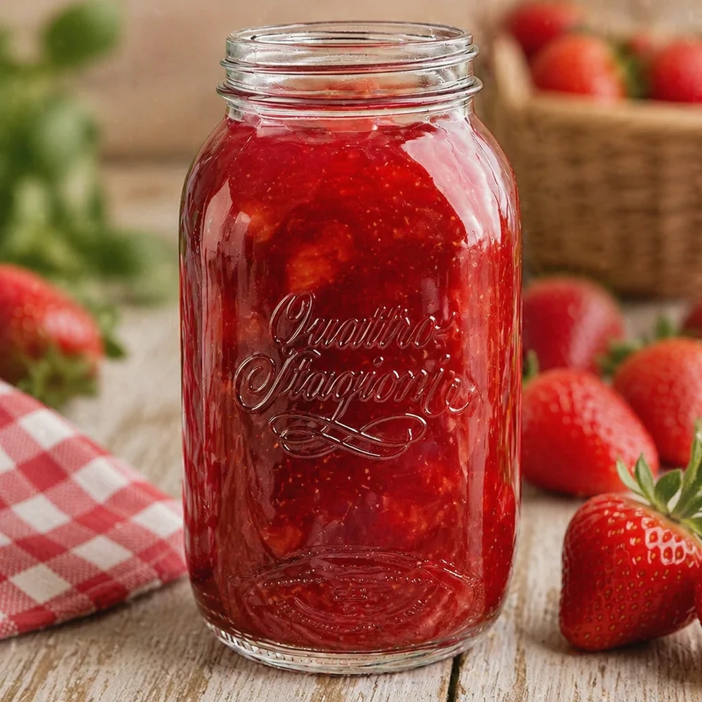 1500ml Quattro Stagioni huishoudpot gevuld met aardbeienjam omringd door verse aardbeien op een houten tafel