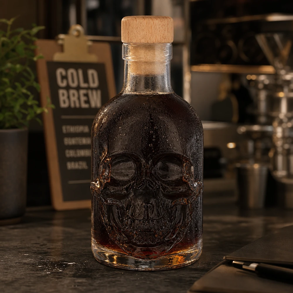 200 ml glazen fles Jack met houten kurk UNiTWIST® Schedel glazen fles Jack 200ml met sterke drank in een café sfeer, cold brew bord op de achtergrond