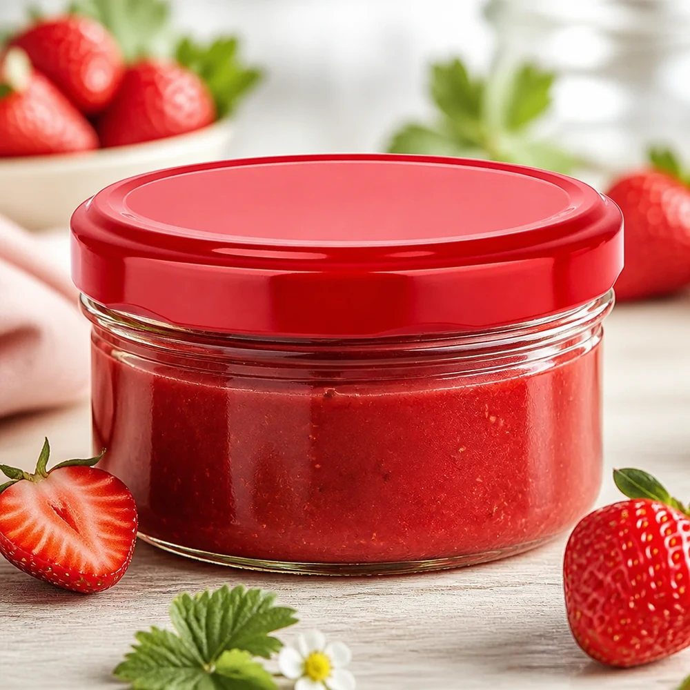 Glazen pot van 186 ml met BasicSeal-deksel in rood, het perfecte formaat voor individuele porties jam of vruchtenmoes