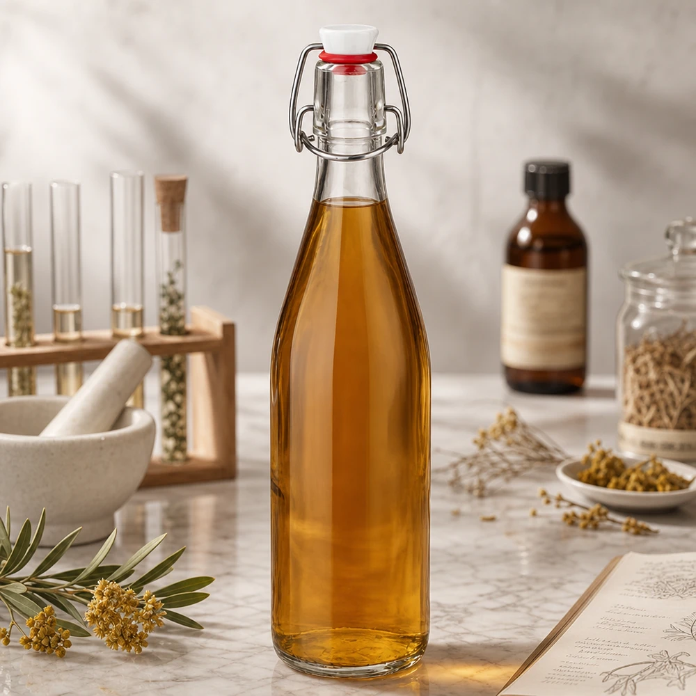 Glazen fles van 500 ml + porseleinen slingerdop UN... 500ml glazen fles met gouden vloeistof in natuurlijk cosmetisch laboratorium naast kruiden en oliën