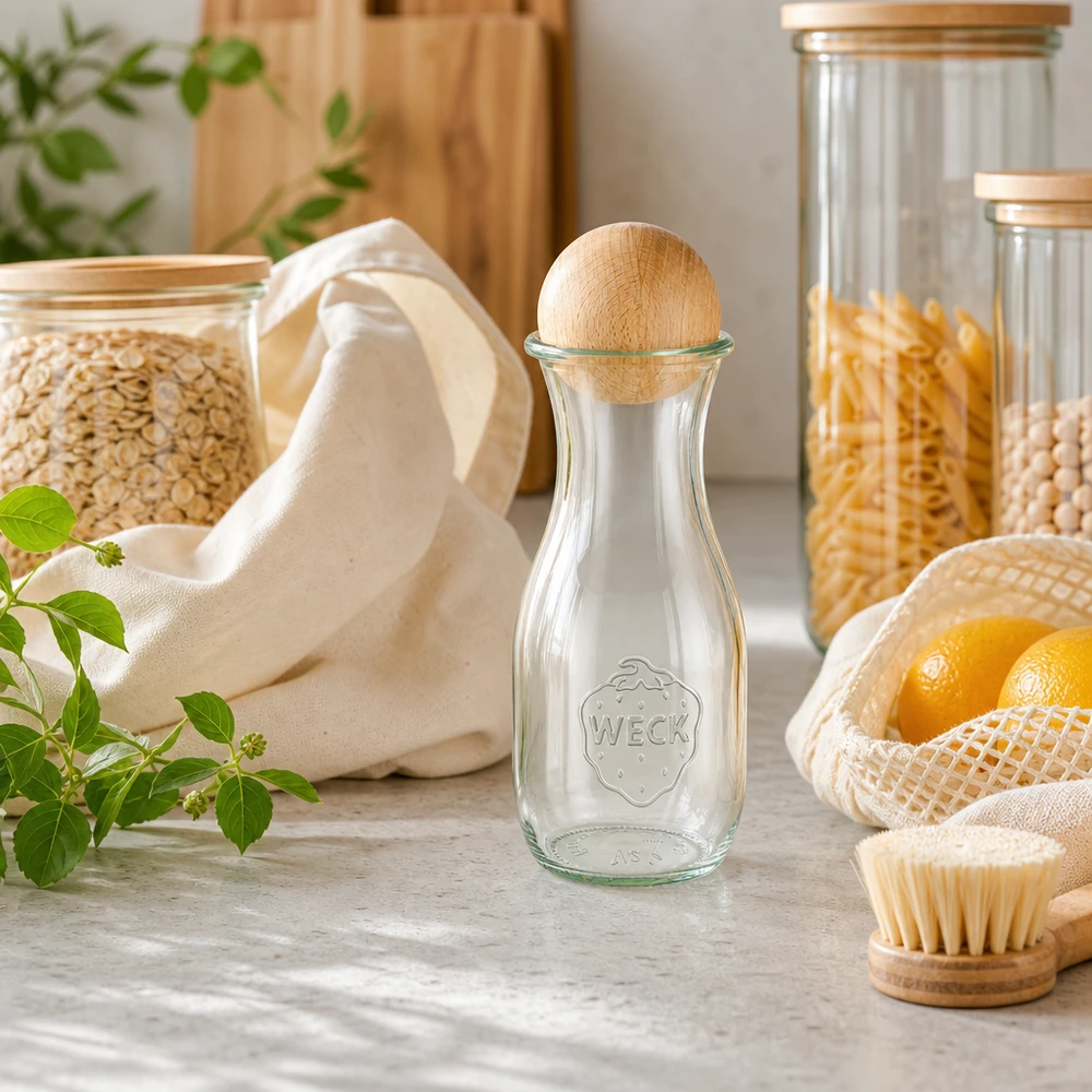 530ml sapflessen WECK RR60 met houten bal WECK sapfles 530ml met houten bol in duurzame zero-waste keuken naast jute zakken en voorraadpotten