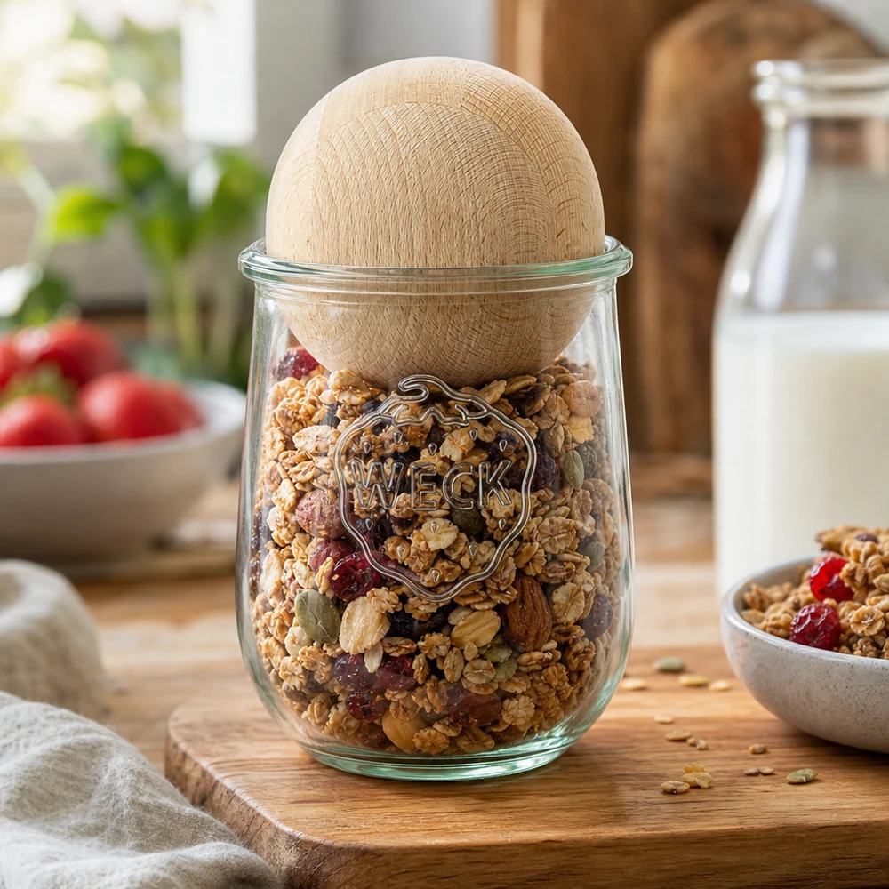WECK voorraadpot 1062ml RR100 gevuld met muesli en noten toont praktische keukenopslag met beukenhouten bol