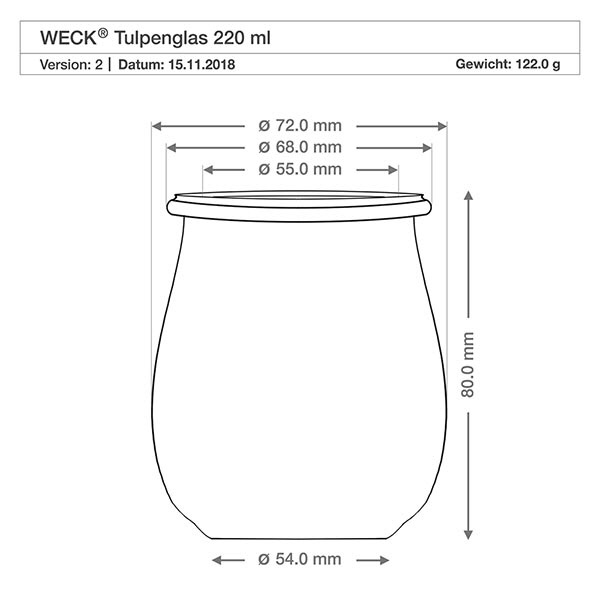 220ml tulpenglas WECK RR60 met kurk Technische tekening WECK tulpenpot 220ml RR60 met maten en afmetingen - Productspecificatie inmaakpot