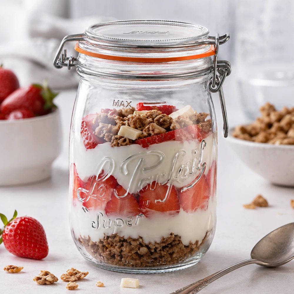 1000ml Le Parfait Super voorraadpot met draaidop gevuld met yoghurt, aardbeien en muesli als dessert