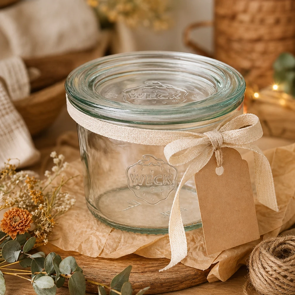 WECK RR60-pot van 80 ml met glazen deksel WECK bekers 80ml RR60 decoratief geënsceneerd met cadeaulint hanger en herfstdecoratie op houten tafel