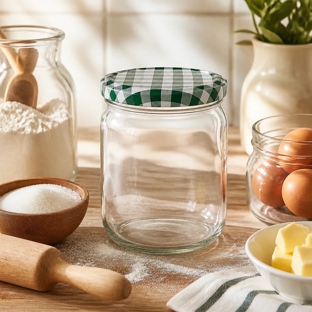 425ml rond glas met BasicSeal deksel groen/wit UNiTWIST 425ml ronde pot leeg met groen en wit BasicSeal deksel in de keuken tussen bakingrediënten zoals bloem, eieren en boter