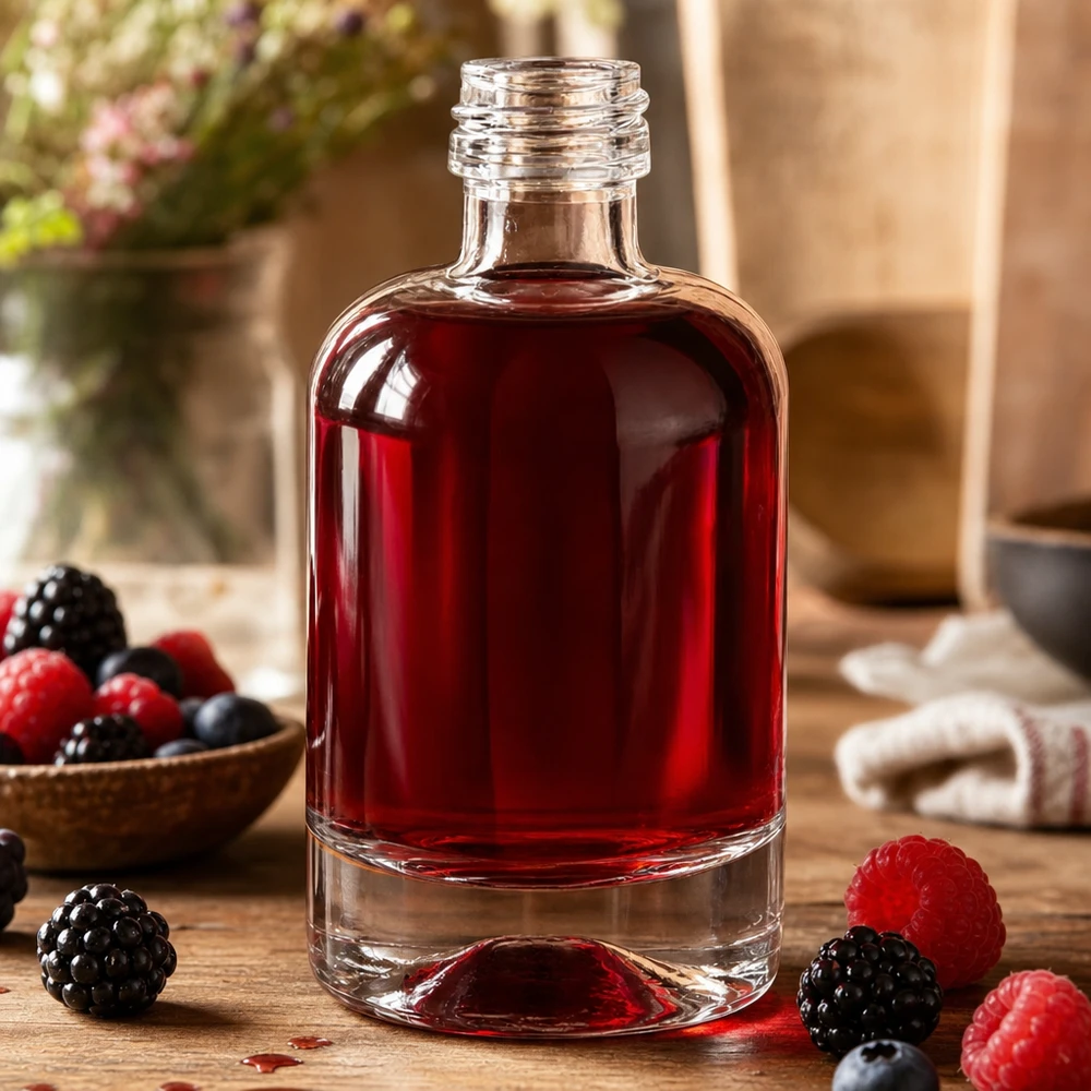 40 ml glazen fles Sara zonder schroefdop UNiTWIST® 40ml glazen flesje Sara gevuld met rode bessenlikeur omringd door verse bessen als decoratie zonder dop
