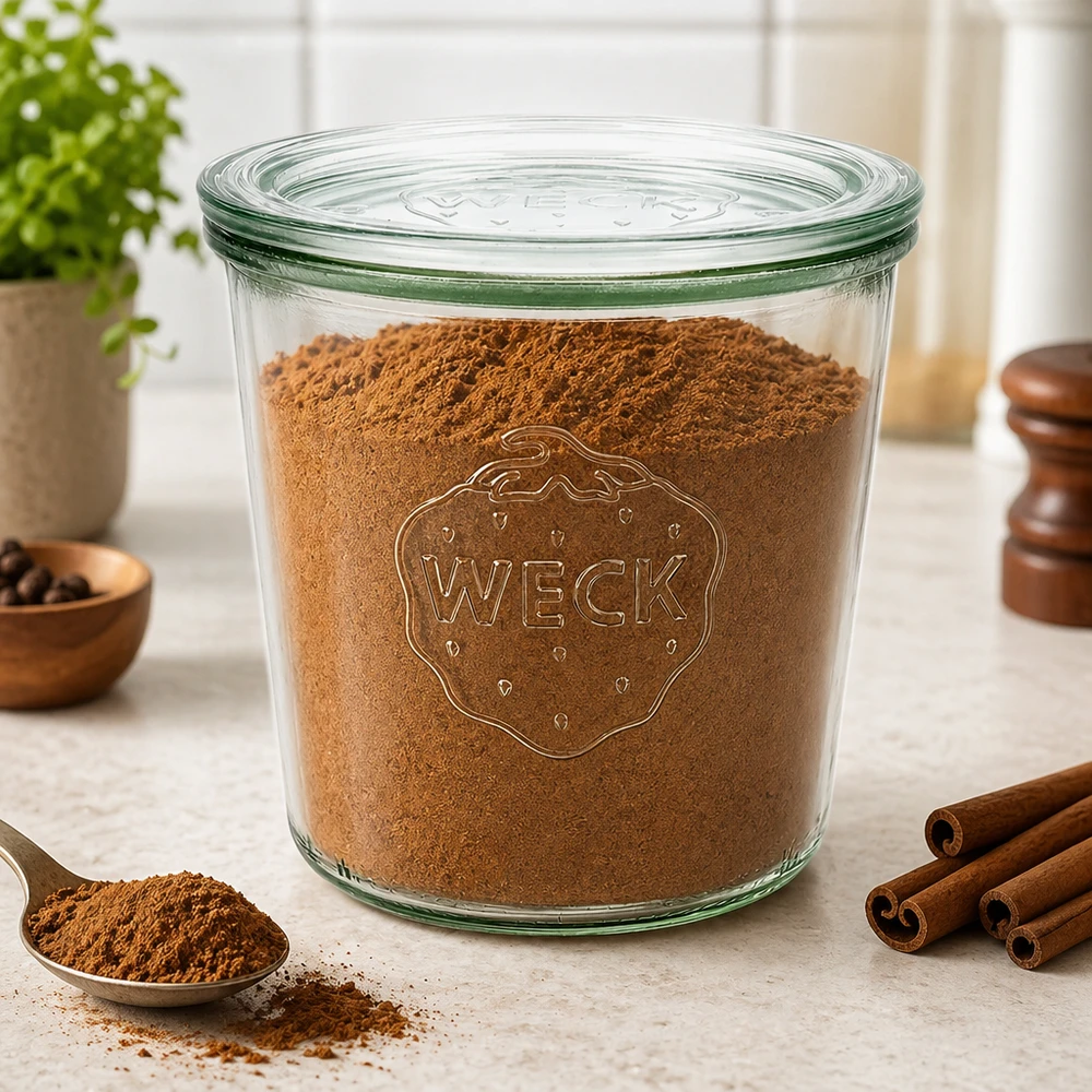 WECK RR100 glazen pot van 580 ml met glazen deksel WECK 580ml RR100 glazen pot gevuld met cacaopoeder en kaneel op werkblad voor het bewaren van kruiden