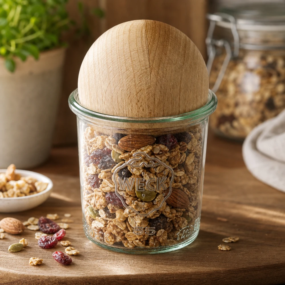 140ml stortglas WECK RR60 met houten bal WECK inmaakpot 140ml RR60 gevuld met noten en gedroogd fruit, houten bolsluiting van beukenhout als deksel