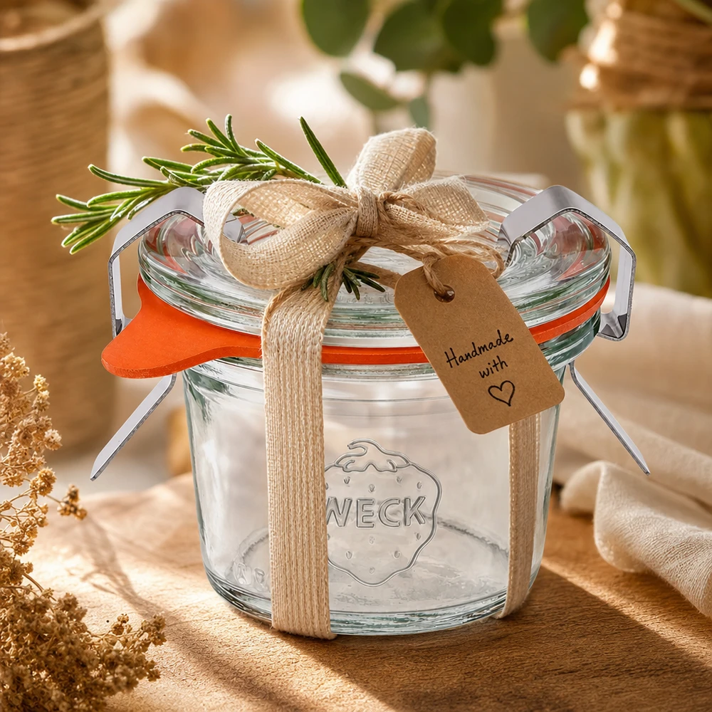 35ml stortglas compleet WECK RR40 WECK 35ml RR40 bekers als cadeau versierd met rozemarijnlint en handgemaakt label