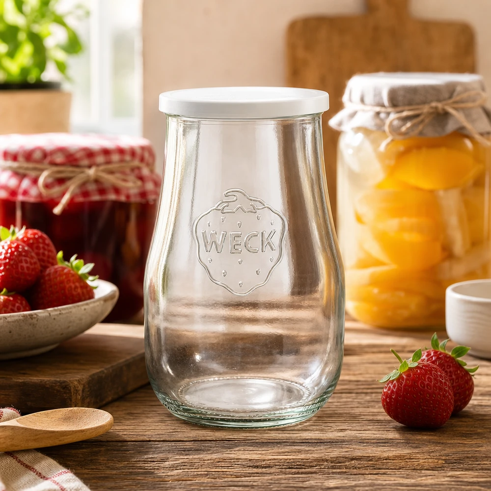 WECK tulpenpot 1750ml in keukensfeer met jampotten en aardbeien als decoratie op houten tafel