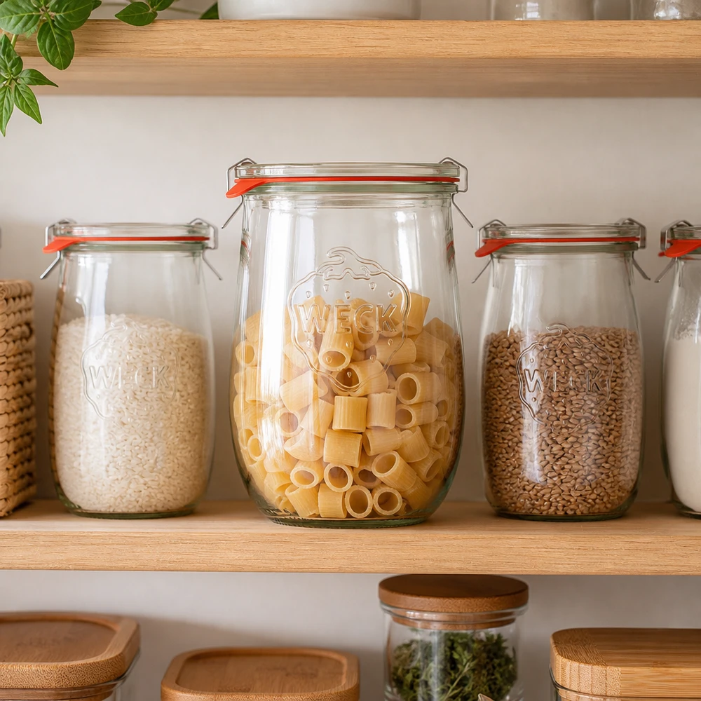 1062ml tulpenglas compleet WECK RR100 WECK tulpenpot 1062ml RR100 als voorraadpot voor rijst, pasta en linzen in een georganiseerde keuken met houten planken