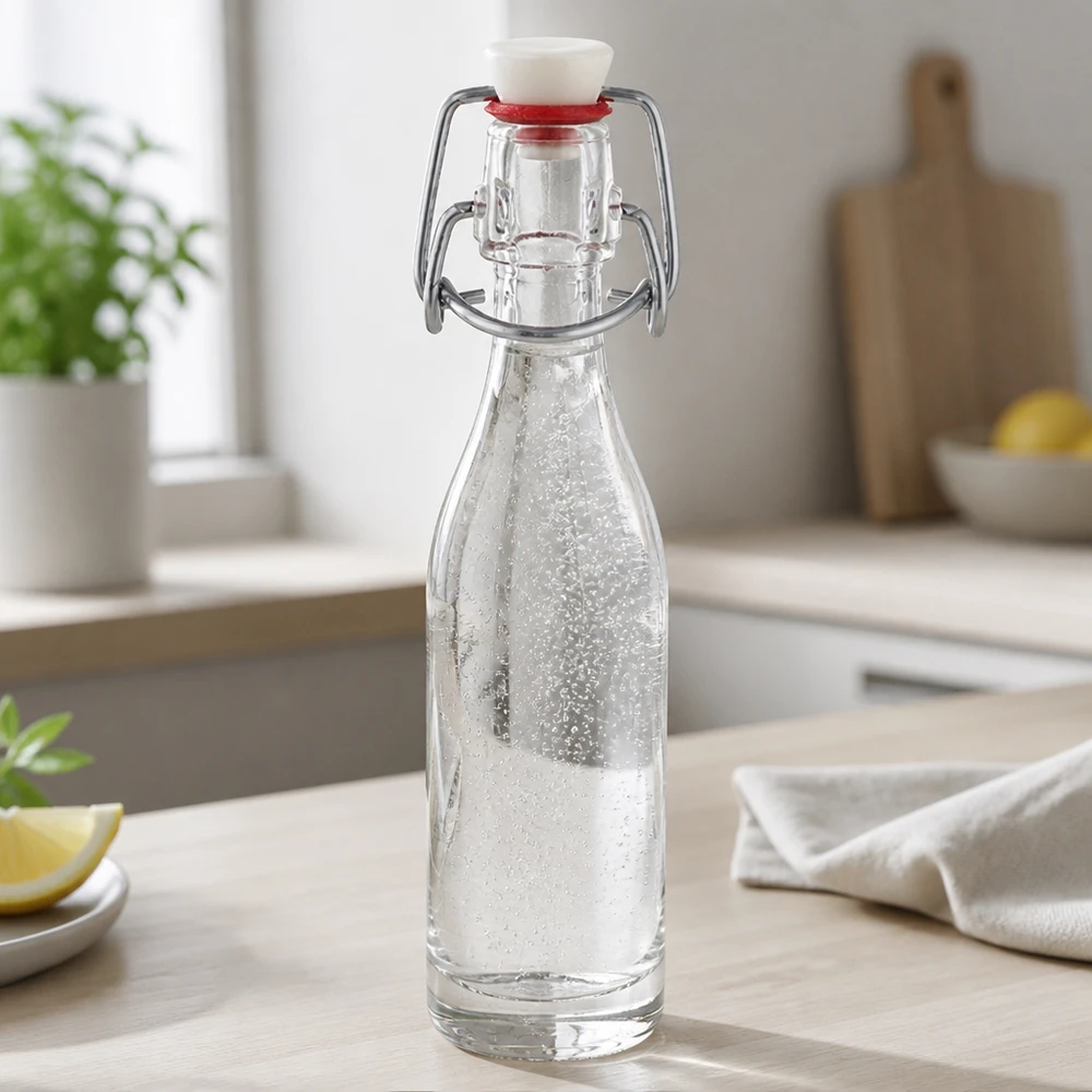 50ml glazen fles met draaidop gevuld met water in een moderne keuken - praktisch dagelijks gebruik