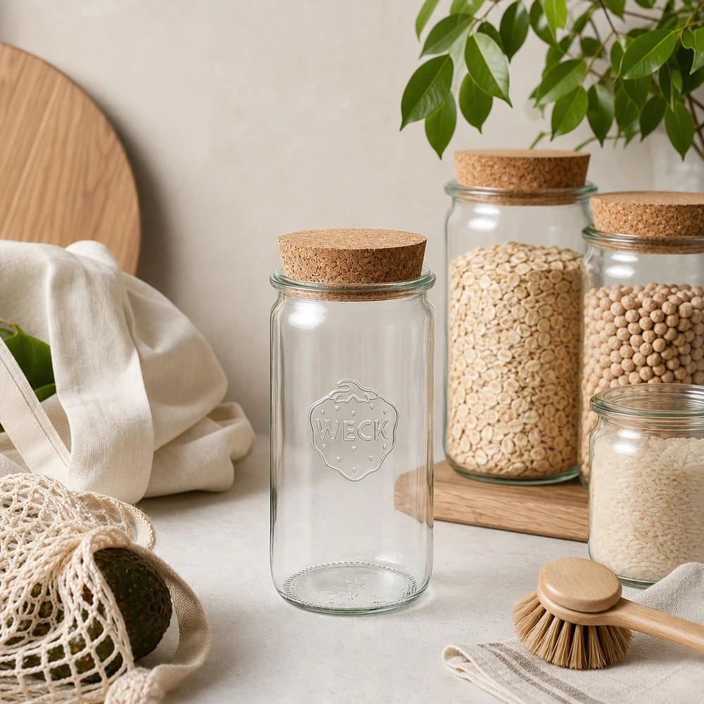 340ml cilinderglas WECK RR60 met kurk WECK cilinderpot 340ml RR60 met kurkdeksel in een natuurlijke keukenomgeving tussen voorraadpotten en textiel
