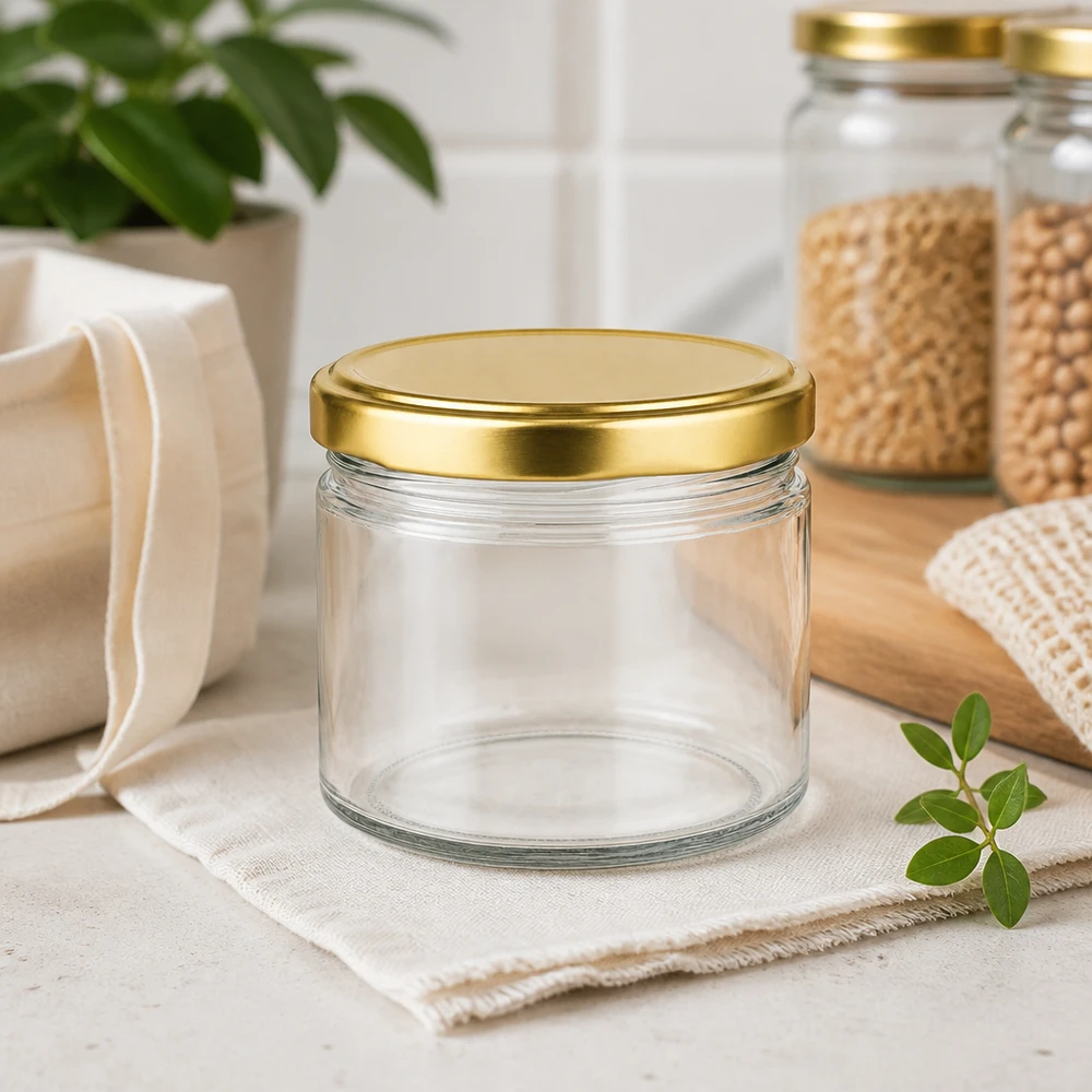 540ml rond glas met BasicSeal deksel goud UNiTWIST 540ml ronde pot met gouden BasicSeal deksel leeg in duurzame keukendecoratie met natuurlijke vezels en planten