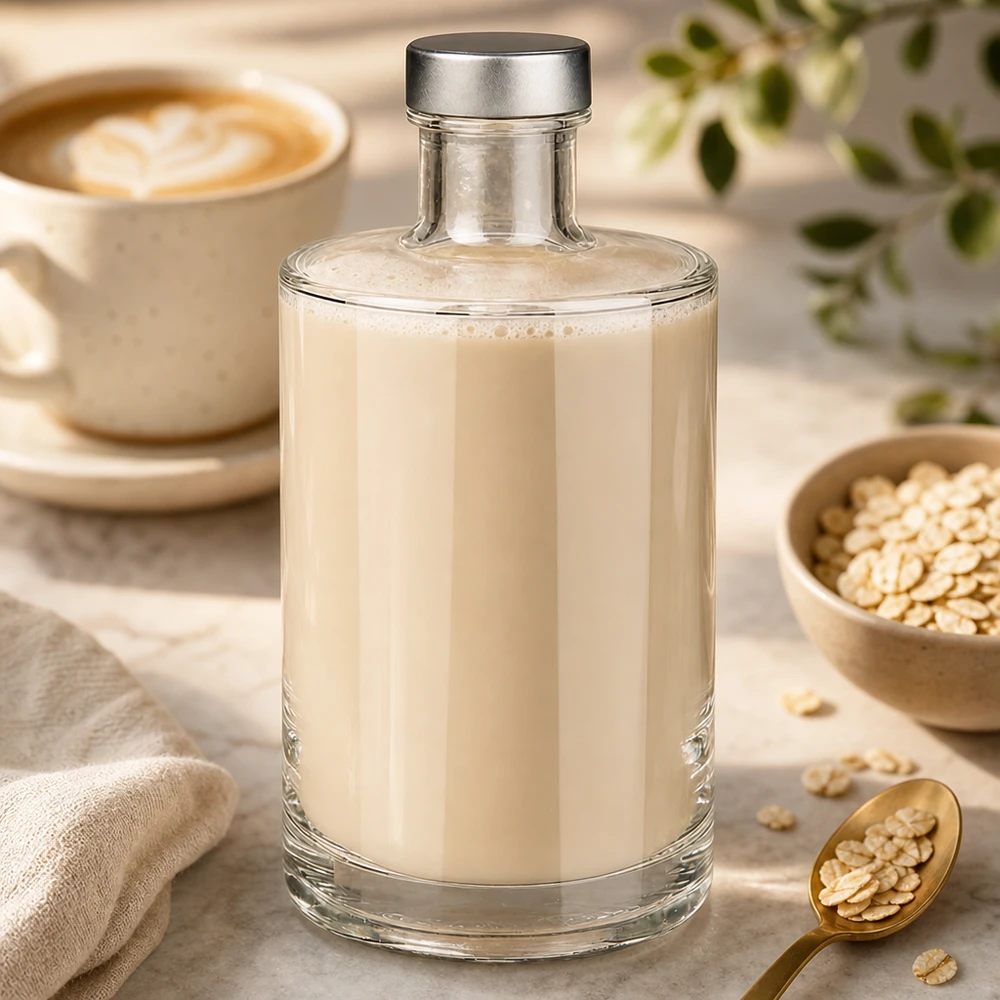 375 ml glazen fles Sam en schroefdop zilver UNiTWIST® 375 ml glazen fles Sam gevuld met romige havermelk naast koffiekopje en havervlokken in lichtgekleurde keuken