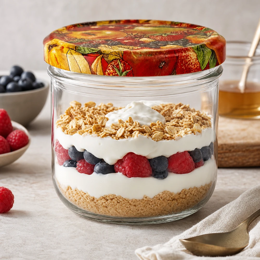260ml bekers met BasicSeal deksel Fruit decor UNiTWIST 260ml bekers fruit decor als dessertglas met yoghurt bessen en granola gelaagd dessert op keukenblad