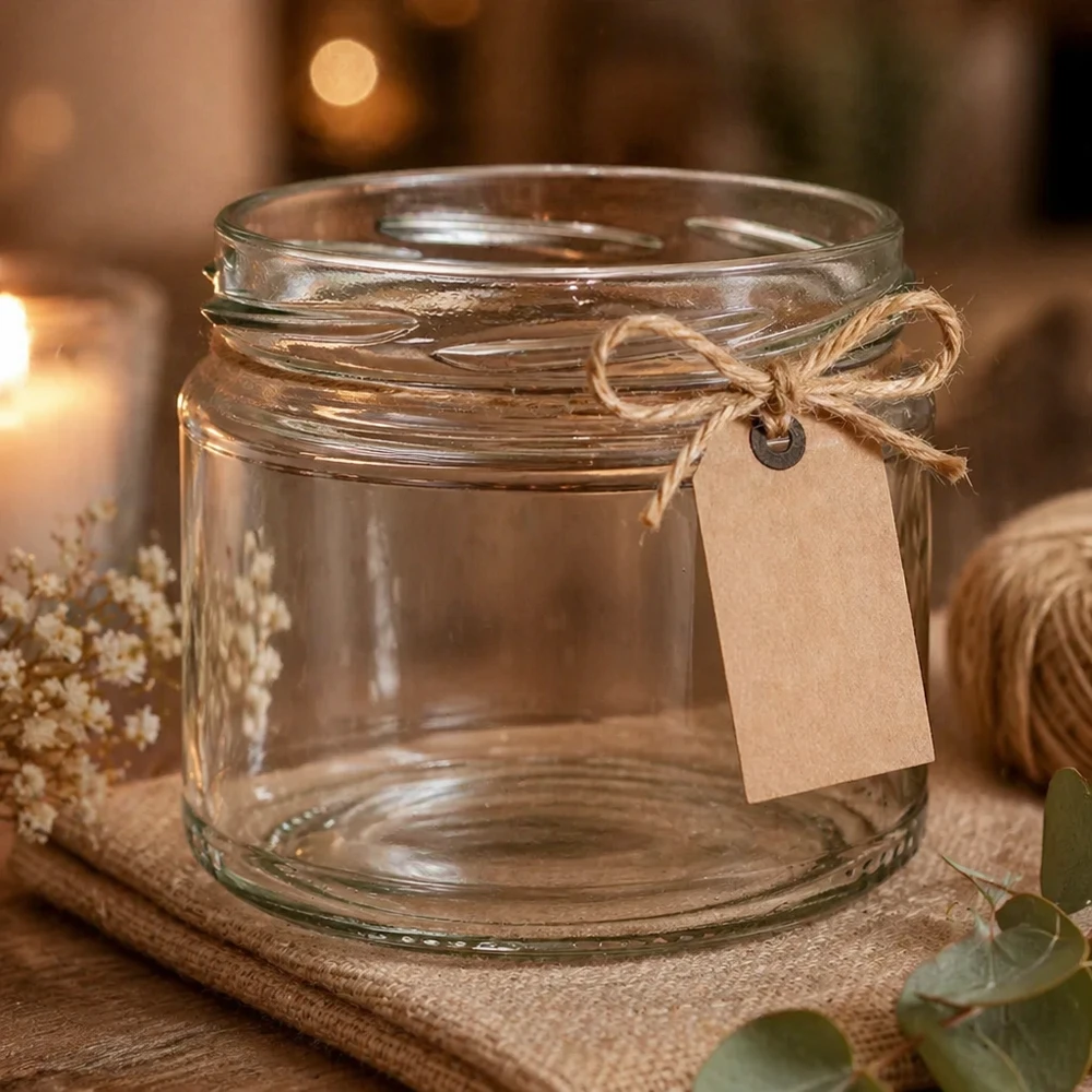 330ml rond glas zonder deksel (TO82) UNiTWIST UNiTWIST Runda330 ronde glazen decoratieve met jute lint en hanger gerangschikt gestileerd op een houten achtergrond