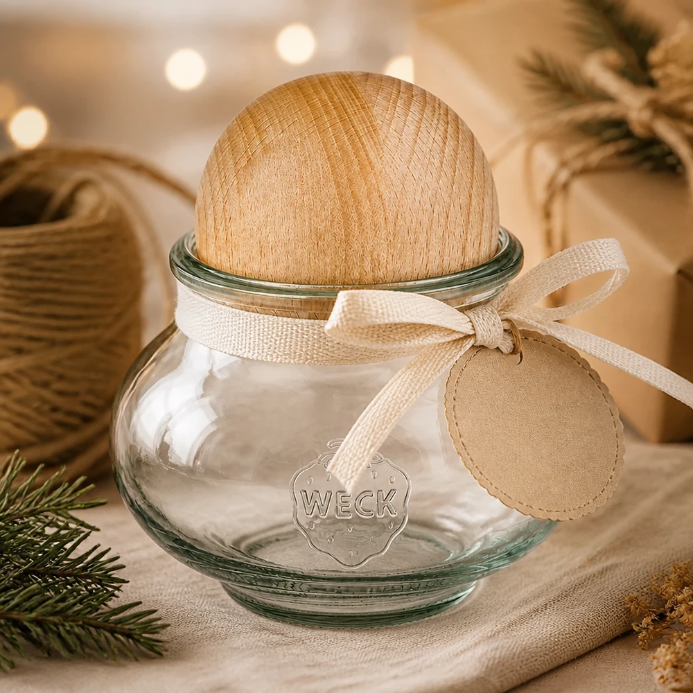 WECK inmaakpot 560ml RR80 houten bal beuken geschenkverpakking strik kerstdecoratie feestelijke presentatie