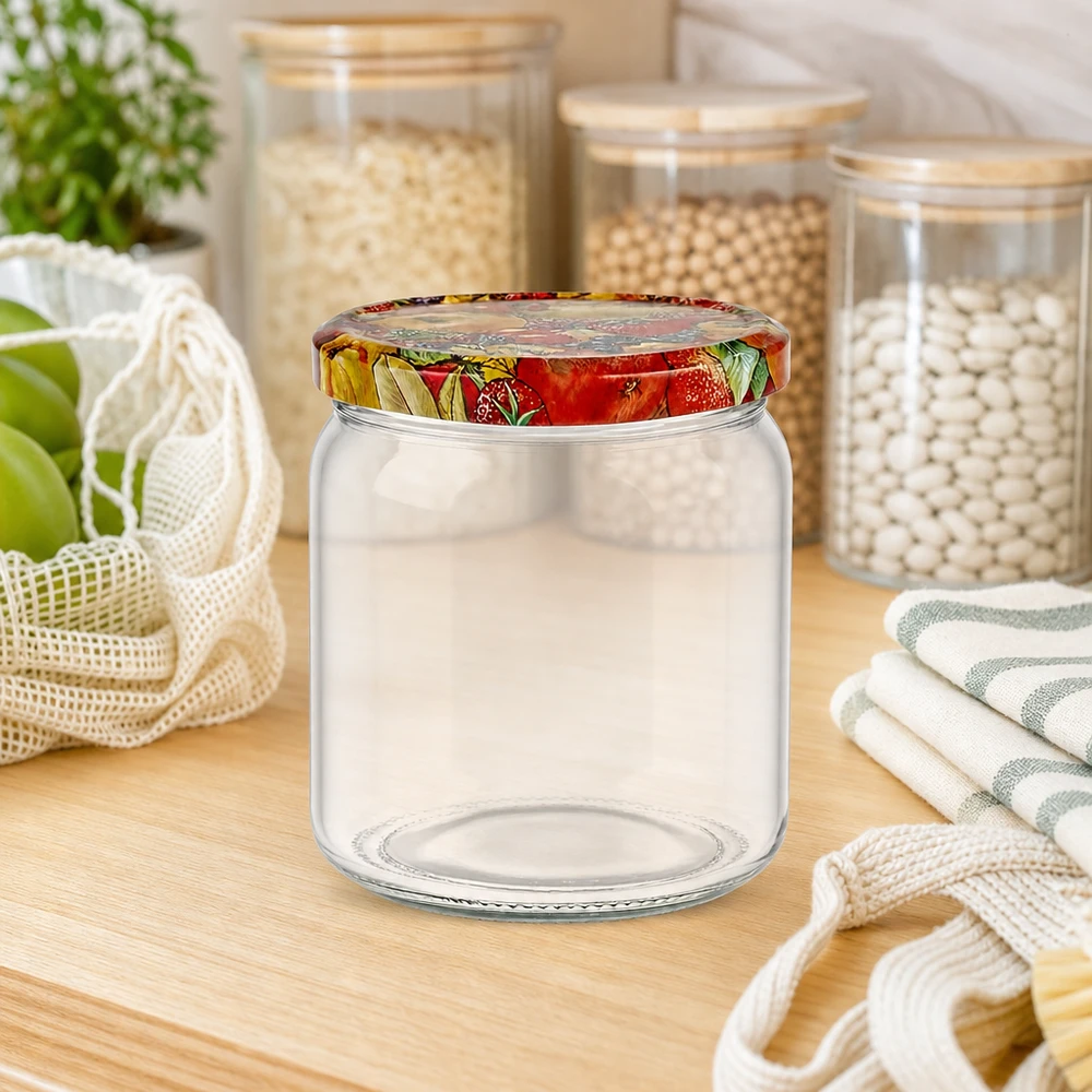 408ml rond glas met BasicSeal deksel Fruit decor UNiTWIST 408ml ronde pot leeg met BasicSeal deksel Fruit decor naast duurzame voorraadpotten en katoenen zakken