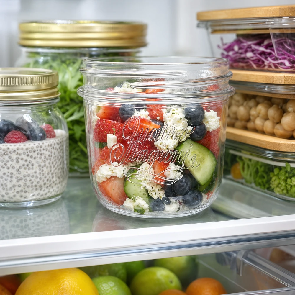 200 ml Quattro Stagioni decoratieve pot met verse salade in de koelkast naast andere potten om voedsel in te bewaren