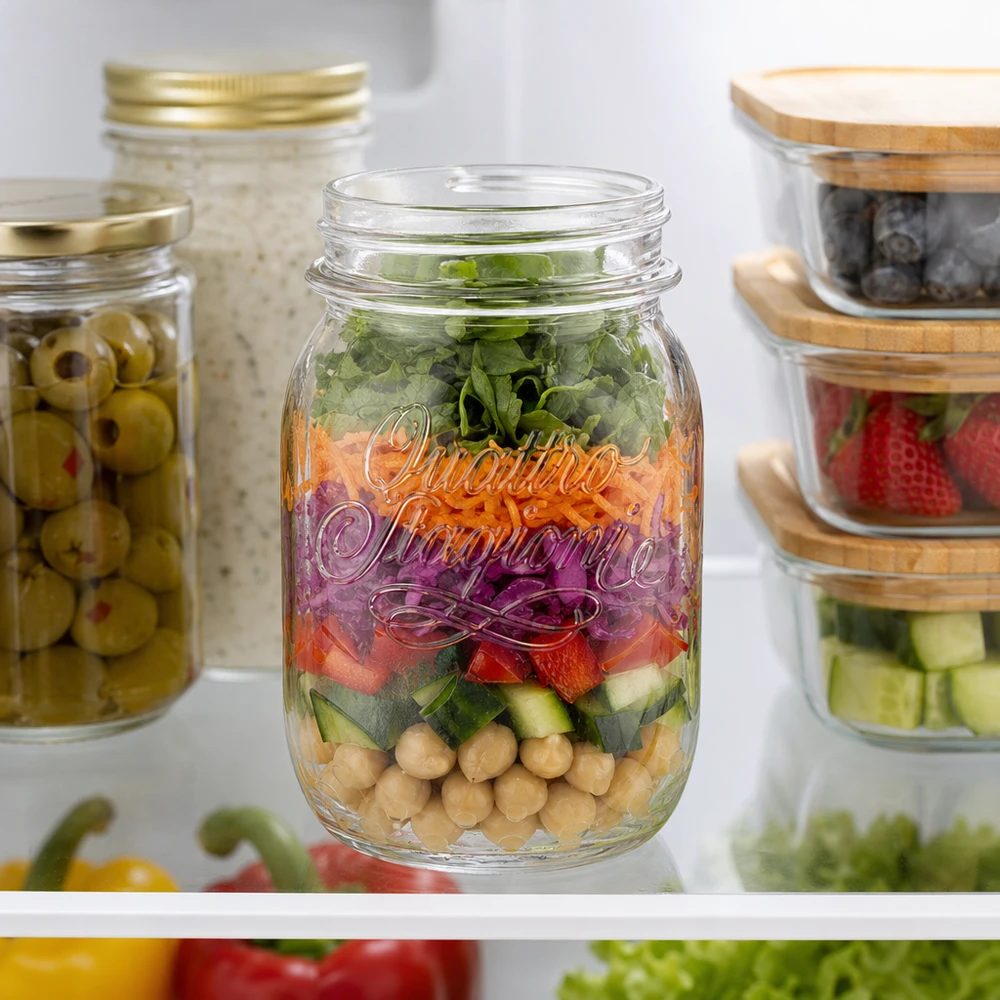 500 ml Quattro Stagioni huishoudpot gevuld met gelaagde salade in de koelkast naast andere voorraadpotten