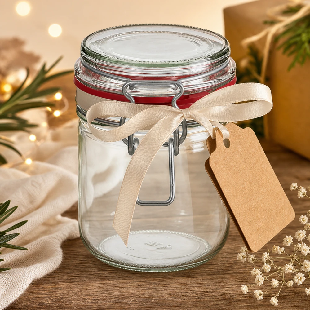 Decoratieve voorraadpot van 400 ml met crèmekleurige strik en cadeaulabel voor speciale gelegenheden