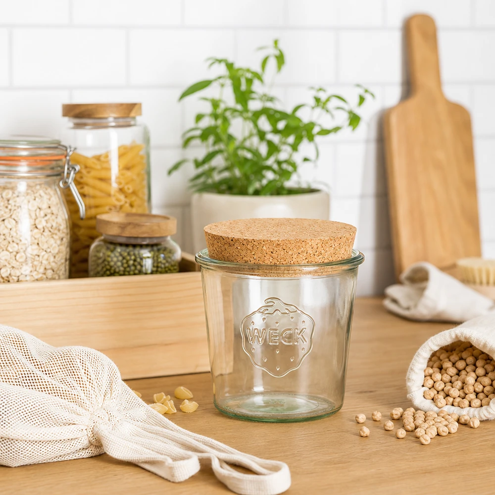 580ml stortglas WECK RR100 met kurk WECK voorraadpot 580ml RR100 met kurkdeksel in duurzame zero-waste keuken met stoffen zakken en peulvruchten