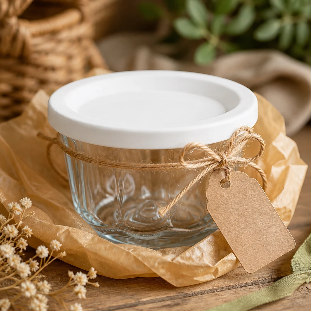 WECK Gugelhupfglas 165ml RR80 als Geschenk mit Kraftpapier-Anhänger und Naturbast dekorativ verpackt