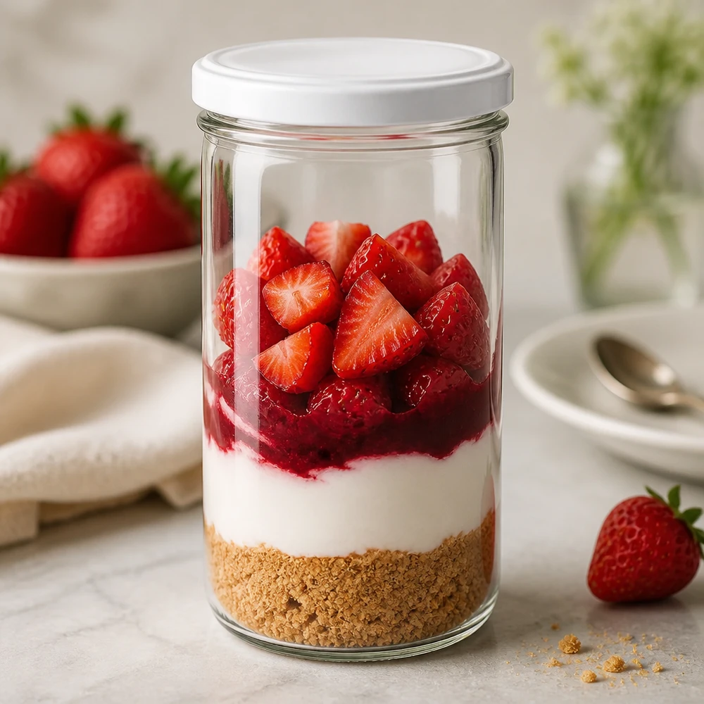 277ml bekers met BasicSeal deksel wit UNiTWIST 277 ml glazen pot gevuld met aardbeiendessert - gelaagd dessert in een inmaakpot met biscuitbodem en vers fruit