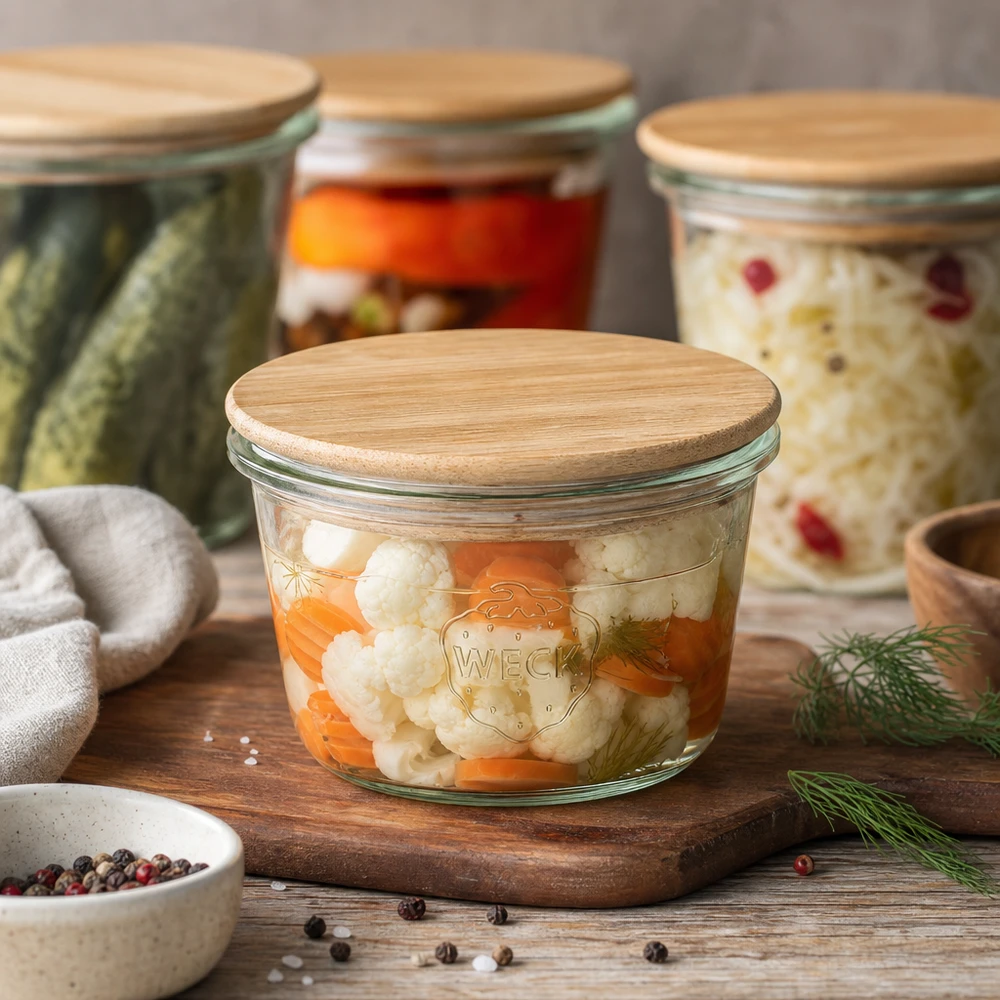 WECK mini mason jar 50ml gevuld met bloemkool en wortelen als inmaakpot met bamboe deksel op houten plank