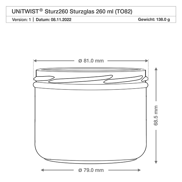 260ml beker zonder deksel (TO82) UNiTWIST UNITWIST beker 260ml TO82 met technische tekening en afmetingen 81mm diameter 68,5mm hoogte