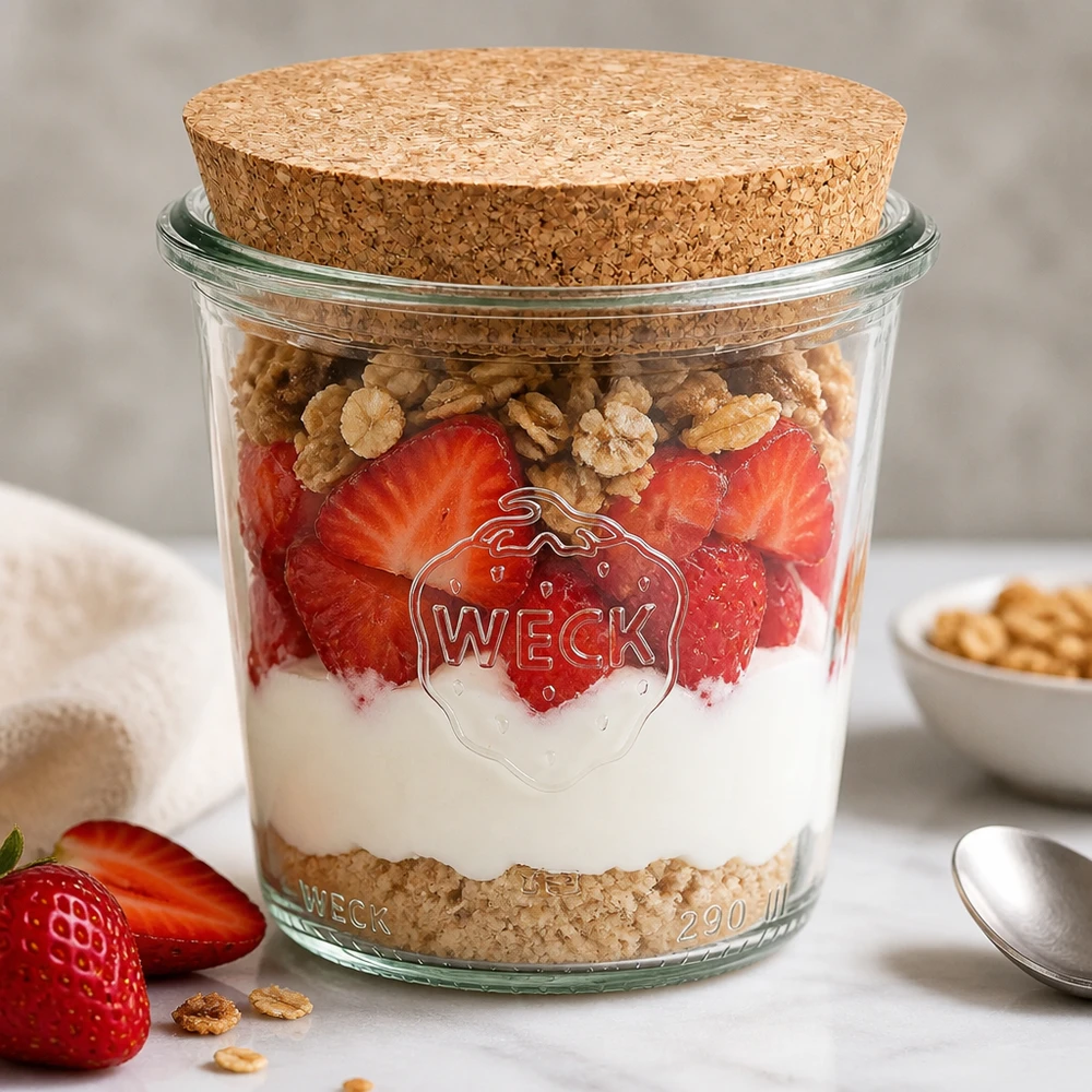 WECK beker 290ml RR80 met kurkdeksel als dessertpot gevuld in lagen met aardbeien, yoghurt en noten