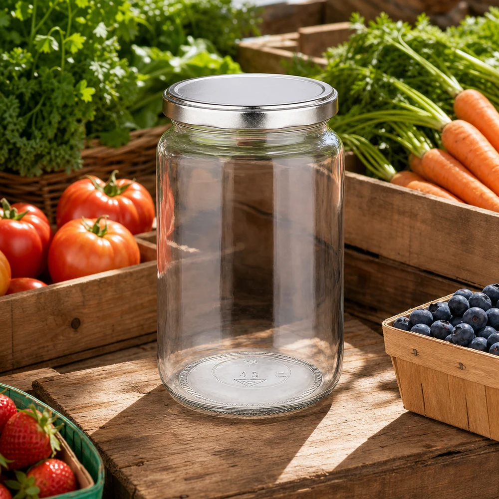 795ml rond glas met BasicSeal deksel zilver UNiTWIST 795 ml ronde pot met BasicSeal deksel in een rustieke buitenkeuken omringd door vers fruit en groenten