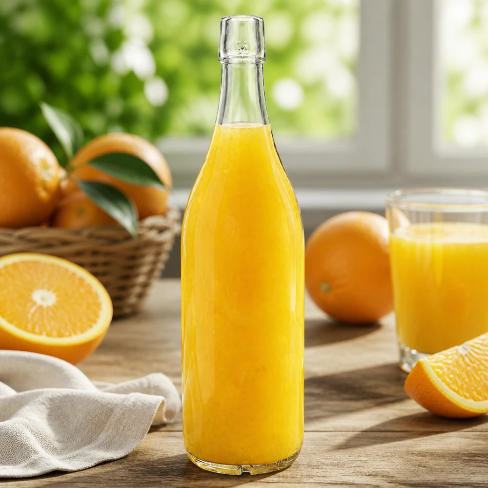 1000ml glazen fles zonder draaidop UNiTWIST Glazen fles 1000ml UNiTWIST gevuld met sinaasappelsap verse sinaasappels keukentafel natuurlijk licht gezond