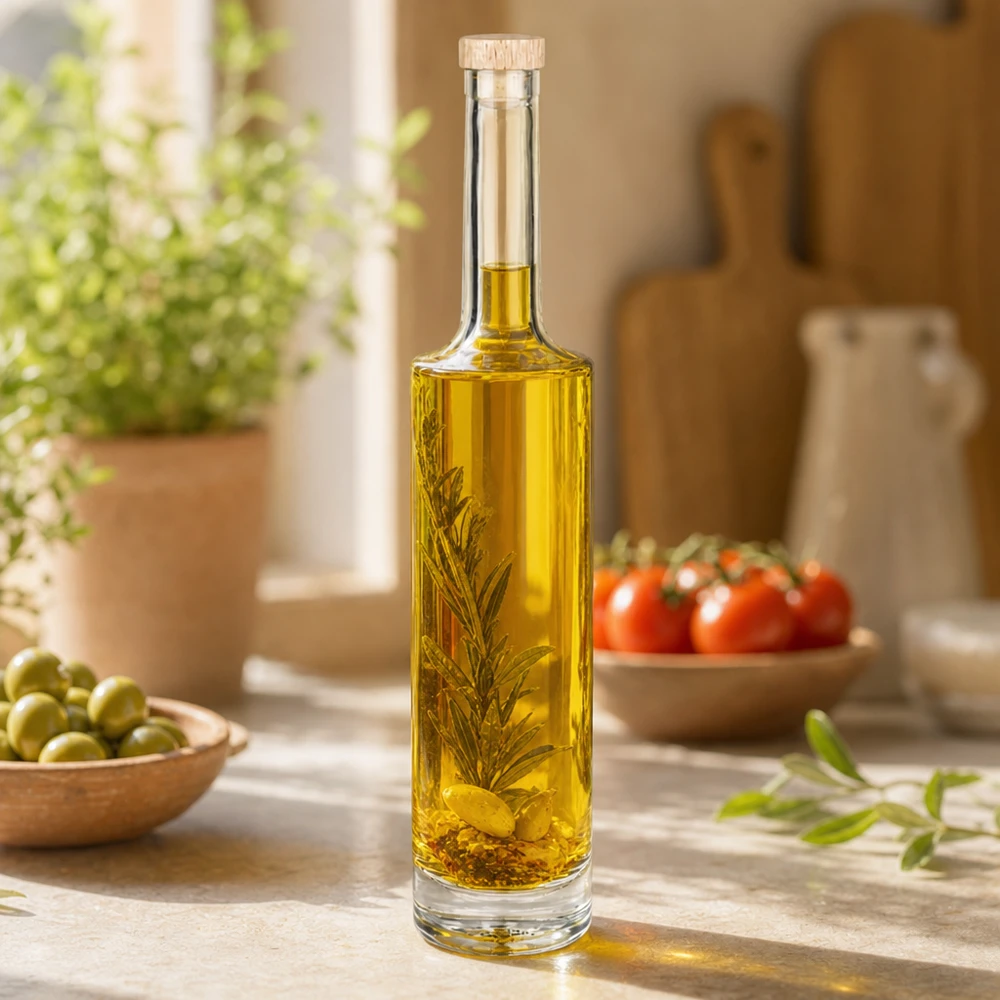 500 ml glazen fles Rosa met houten handgreepkurk UNiTWIST® 500ml Glasflasche Rosa mit Olivenöl und Rosmarinzweig in mediterraner Küche neben Oliven und Tomaten