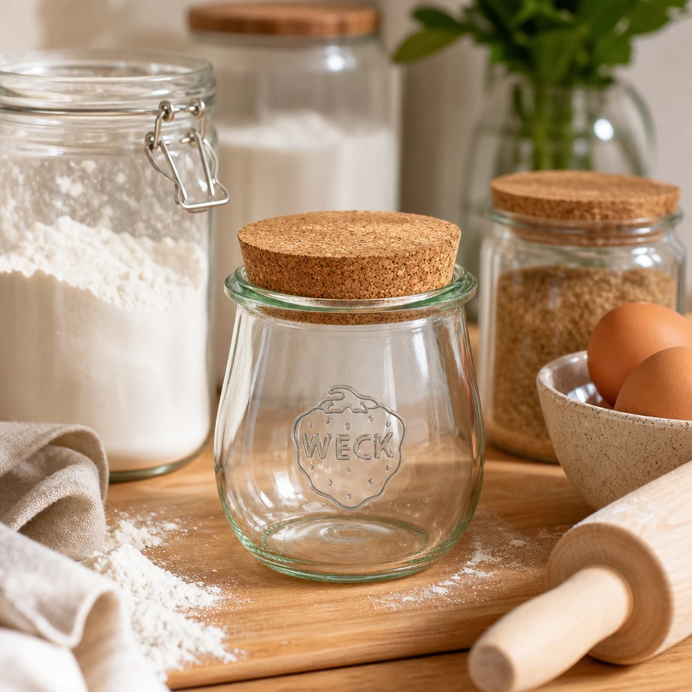 220ml tulpenglas WECK RR60 met kurk WECK tulp pot 220ml RR60 met kurk deksel in rustieke keuken met bak ingrediënten bloem en eieren op houten plank
