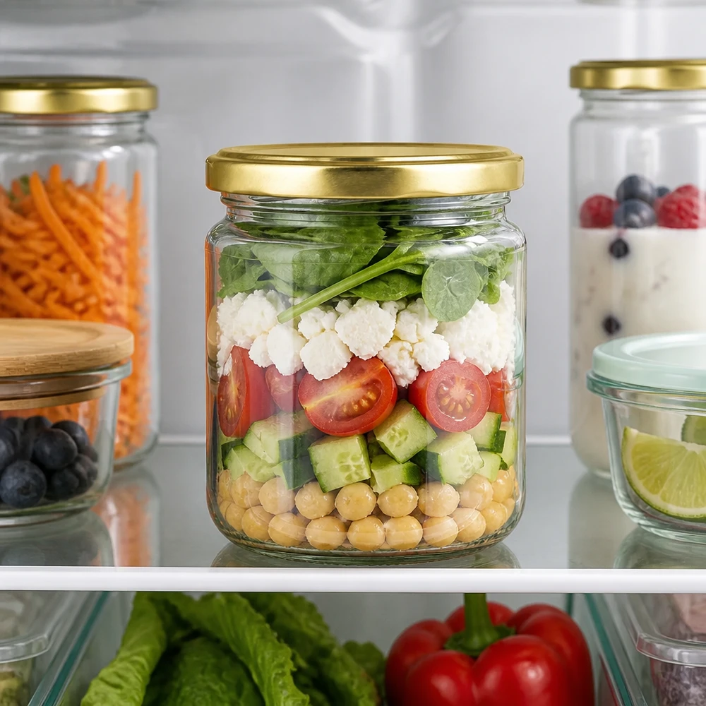 Compacte ronde glazen pot van 275 ml, BasicSeal goud, voor meal prep met een gelaagde salade van spinazie, komkommer en cherrytomaatjes