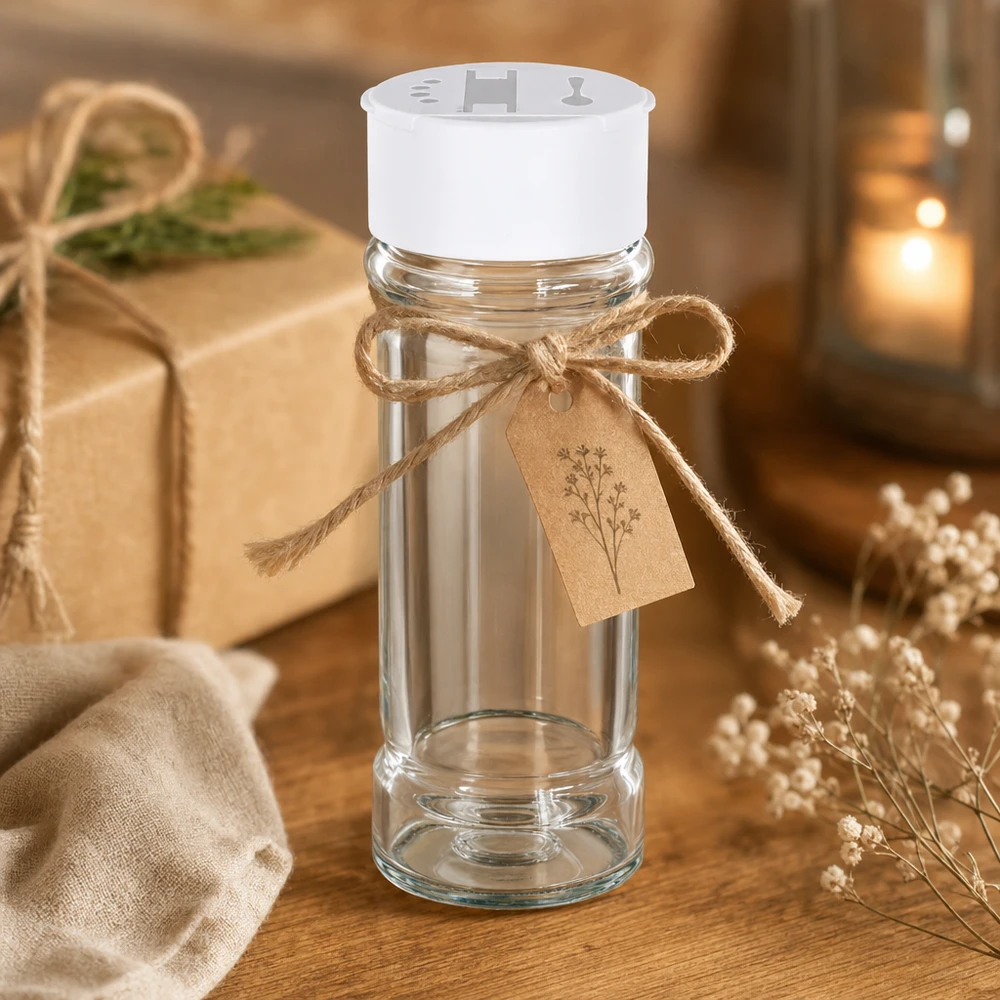 Zout-/kruidenpotje 100 ml met dubbele strooier, wit Zout- en peperpotje van 100 ml met witte dubbele strooier, versierd met een jute strik als rustiek cadeau