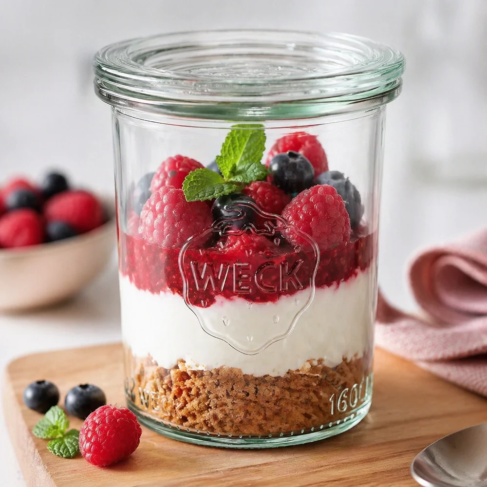 WECK RR60-pot van 160 ml met glazen deksel WECK 160ml mason jar gevuld met een dessert op basis van biscuit, room en bessen als toepassingsvoorbeeld