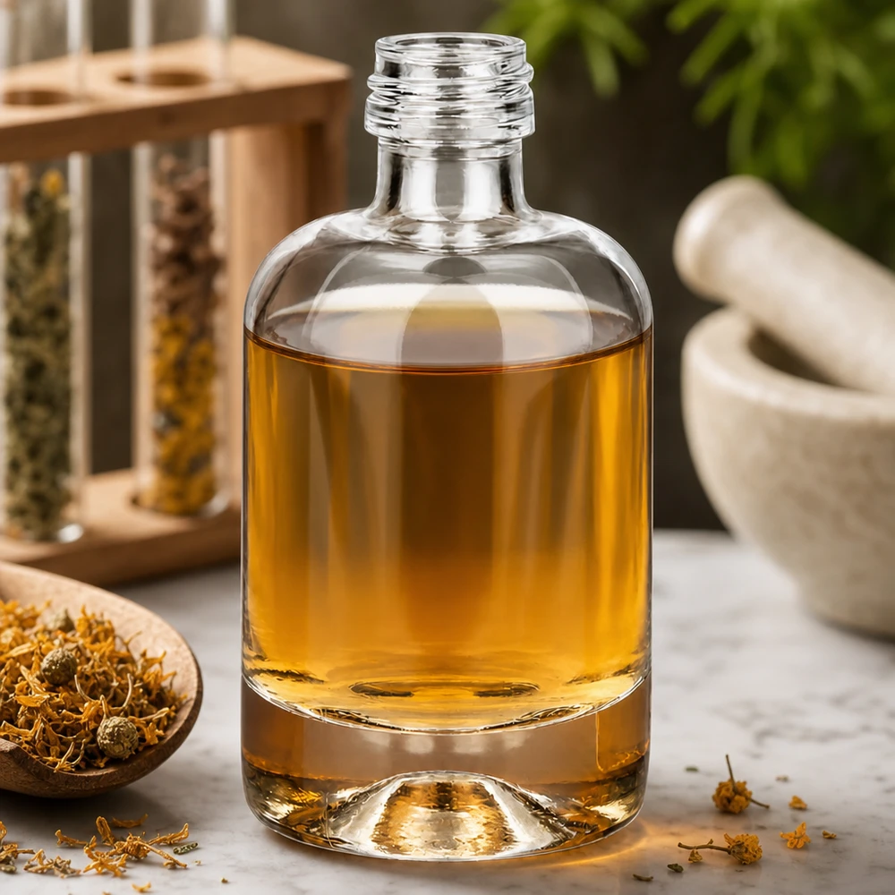 40 ml glazen fles Sara zonder schroefdop UNiTWIST® 40ml Sara glazen flesje met goudgele vloeistof in een natuurlijke kruidensfeer met vijzel en gedroogde bloemen