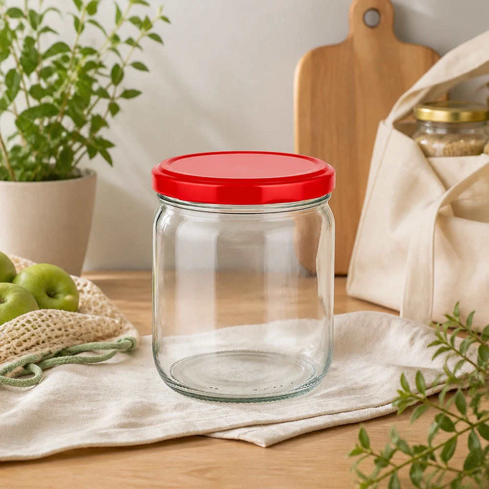 425ml rond glas met BasicSeal deksel rood UNiTWIST 425ml ronde pot met rood BasicSeal deksel UNiTWIST leeg op keukentextiel - duurzame voorraadpot