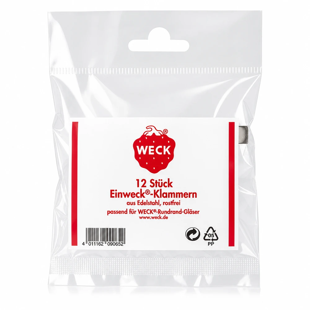 Weck Clips (verpakking(en) van 12) WECK Klammern Verpackungsrückseite mit Produktdetails 12 Stück Edelstahl rostfrei für Rundrand Gläser Original