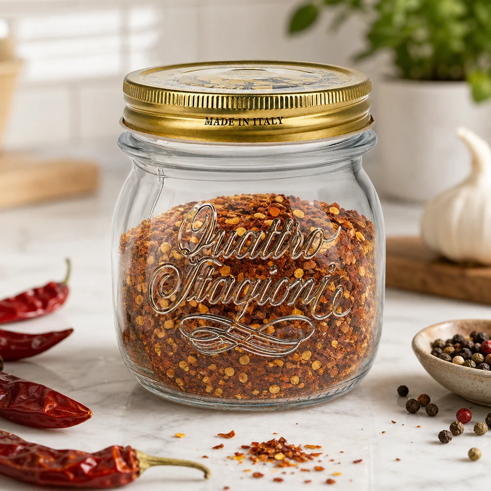 250 ml rond glas "Quattro Stagioni" met deksel 250ml Quattro Stagioni rond potje met gouden deksel gevuld met chilikruidenmix op keukenblad