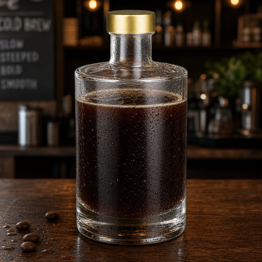 375 ml glazen fles Sam + schroefdop goud UNiTWIST® 375ml Glasflasche Sam mit Kaffeespezialität gefüllt goldener Schraubverschluss UNiTWIST Café Atmosphäre Kaltgetränk