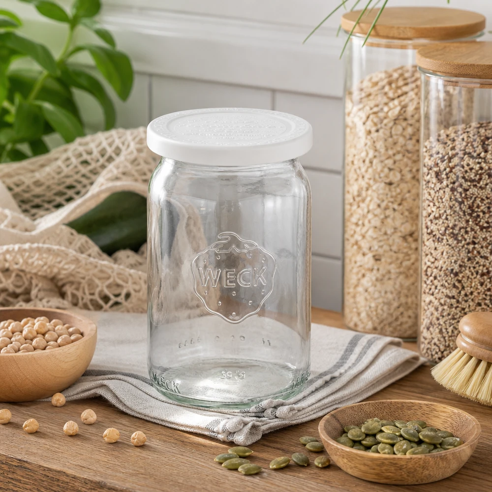 145ml cilinderglas met vershouddeksel WECK RR40 WECK RR40 cilindrische pot 145ml leeg met vershouddeksel in natuurkeuken tussen peulvruchten en voorraadpotten