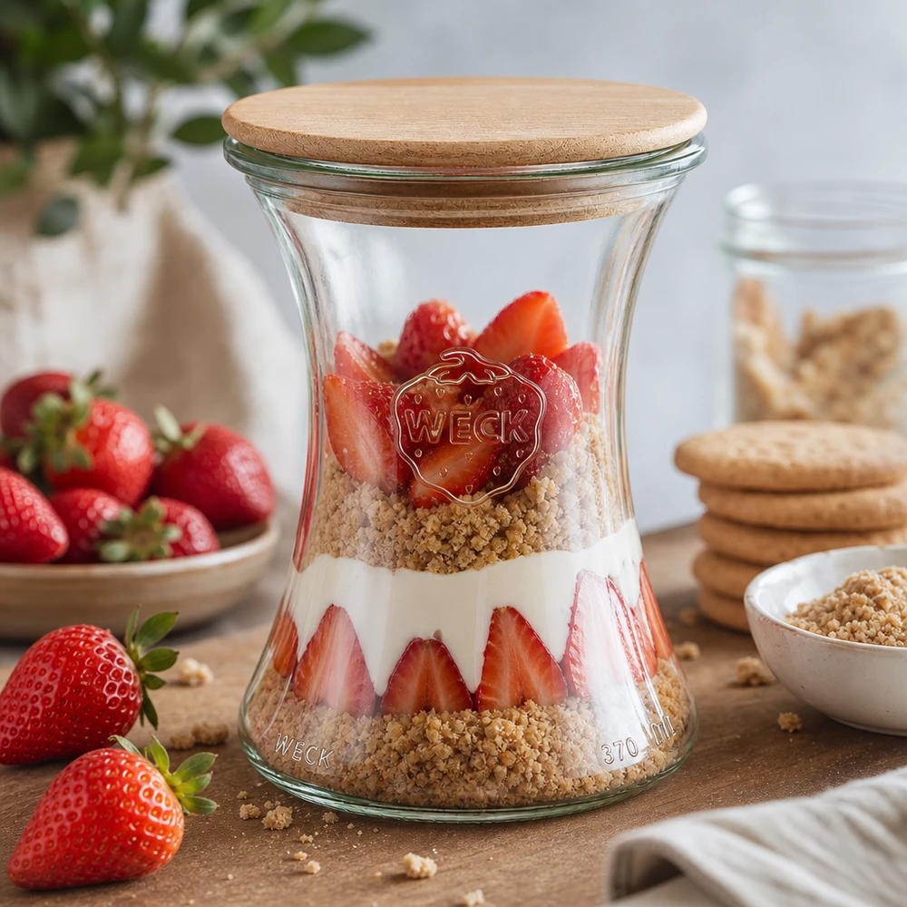 370ml delicatessenglas WECK RR80 met hout deksel WECK delicatessenpot 370ml RR80 met houten deksel gevuld met aardbeien granola en yoghurt als gelaagd dessert