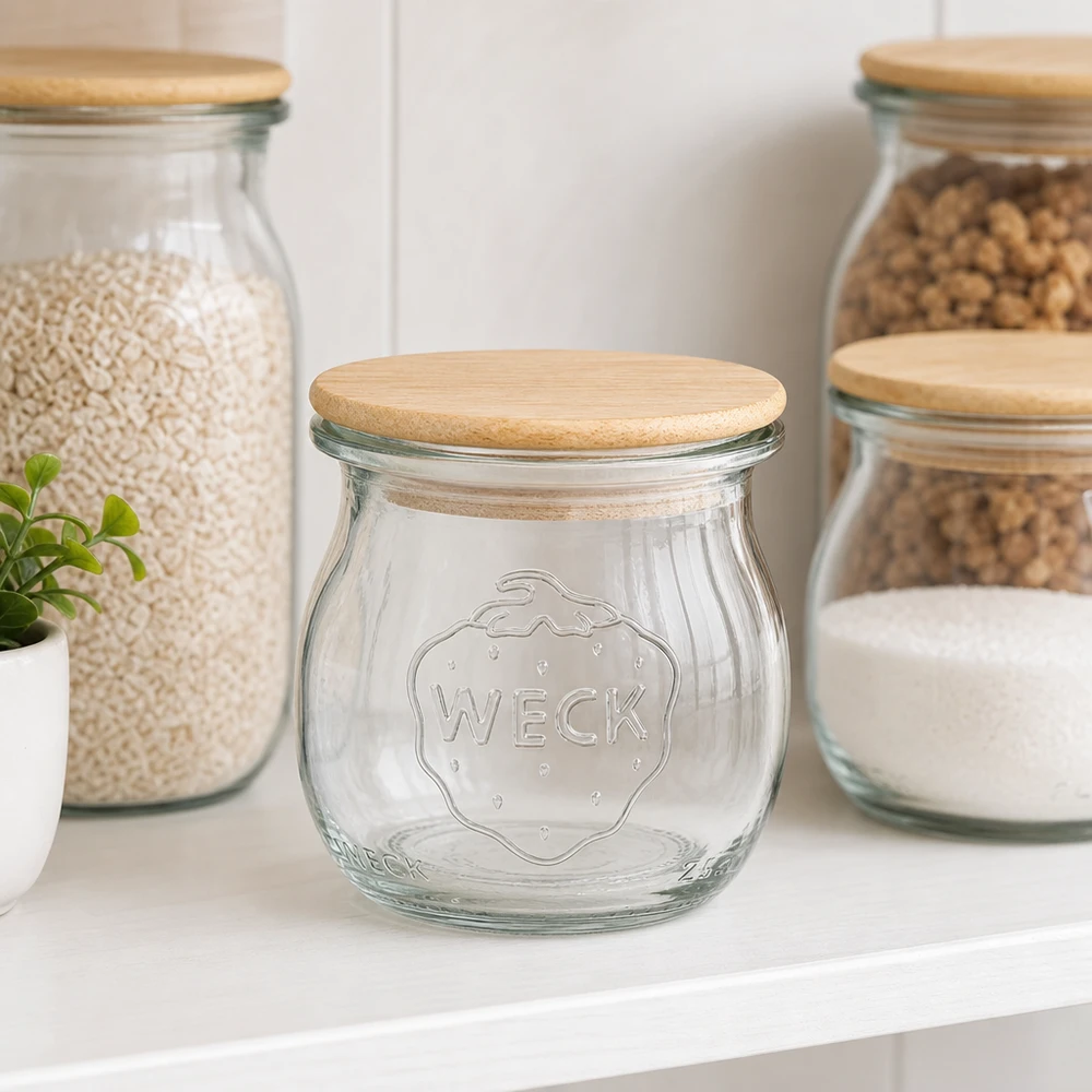 WECK tulpenpot 75ml RR40 met bamboe deksel in een stijlvol keukeninterieur naast gevulde voorraadpotten